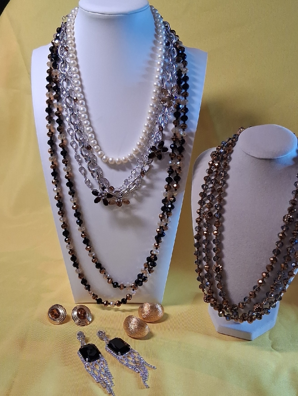 Genuine Pearl Strand, Crystal Necklaces, Earrings Lot